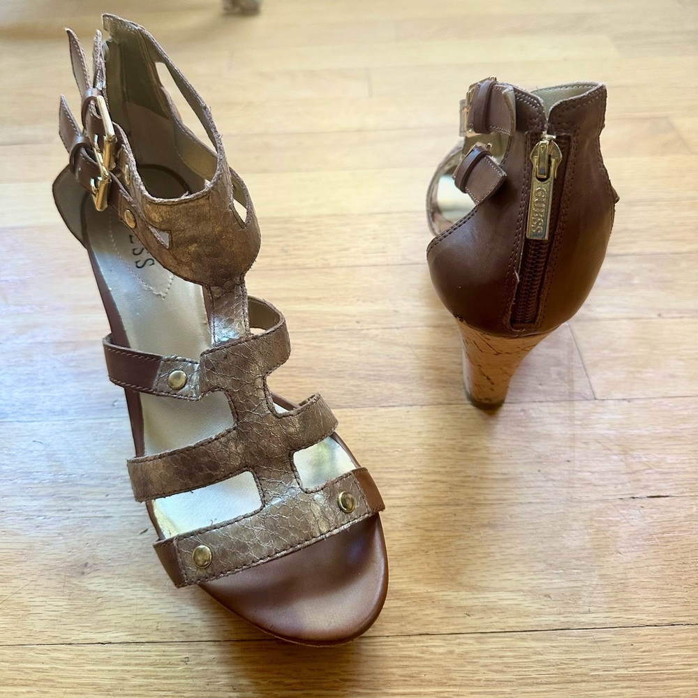 Guess Cork and Leather Strappy Heels